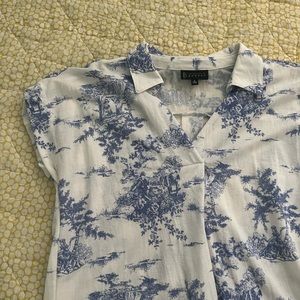 White and blue farmhouse style pattern blouse